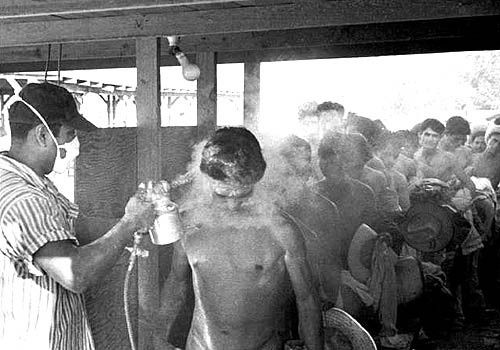 Contract Mexican laborers being fumigated with the pesticide DDT in Hidalgo, Texas, in 1956. Source: National Museum of American History [zinnedproject.org]