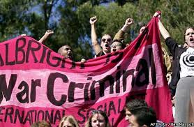 Protestors decrying Madeleine Albright's role in maintaining U.S. sanctions against Iraq were ejected from UC Berkeley's graduation ceremony in May 2000. AP Photo by Ben Margot [sfgate.com]