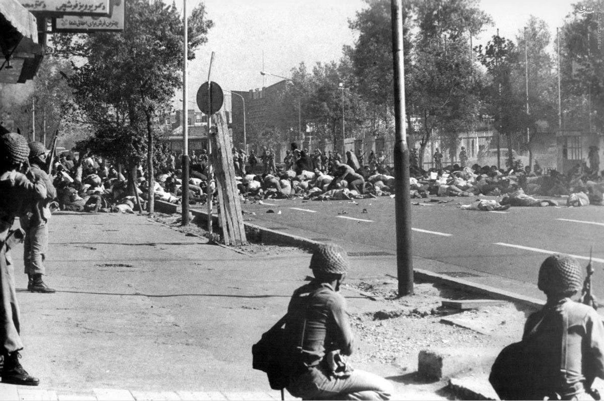 This picture was frontpaged by Iranian newspaper Kayhan, Thursday, February 22nd, 1979, and caption stated it was taken in Jaleh square, Tehran, September 8th, 1978. [Wikipedia]