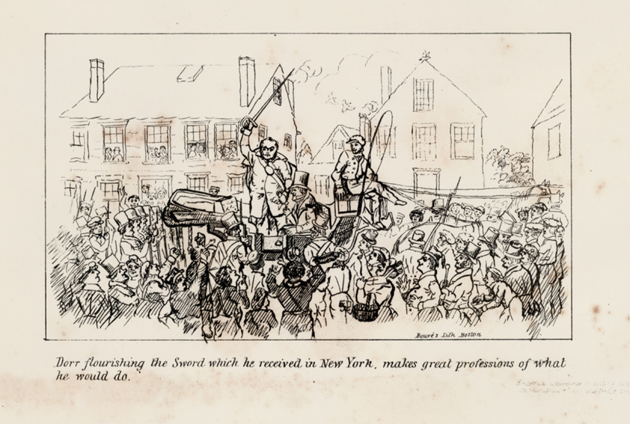 A drawing of a Dorrite protest with the caption "Dorr flourishing the Sword he received in New York, makes great professions of what he would do"