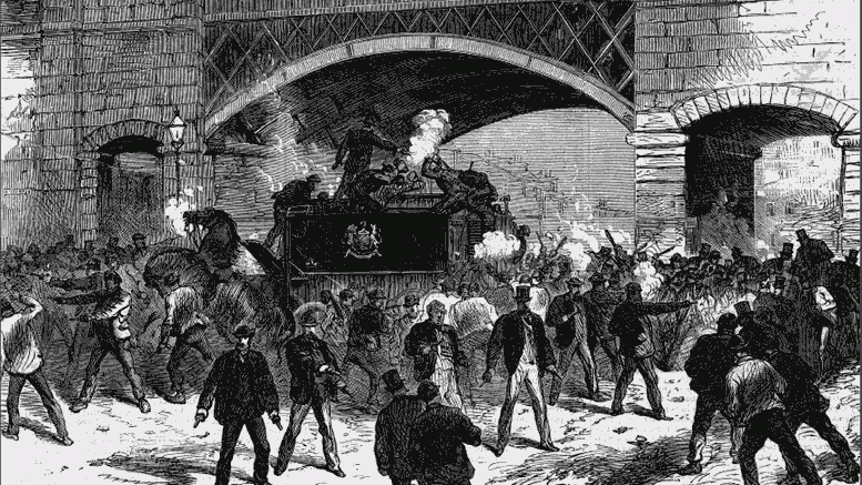 The "smashing of the van", an illustration of Fenian prisoners rescuing prisoners in Manchester in 1867.
