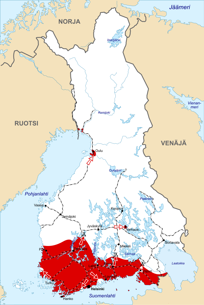 A map showing communist areas of control, Finland February 1918 [Wikipedia]