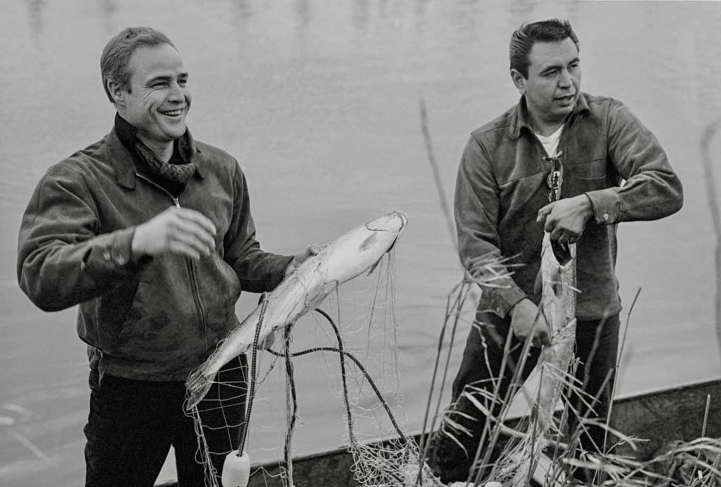 Actor Marlon Brando and Puyallup tribal leader Bob Satiacum just before Brando's arrest during a fish-in, March 2nd, 1964 [historylink.org]