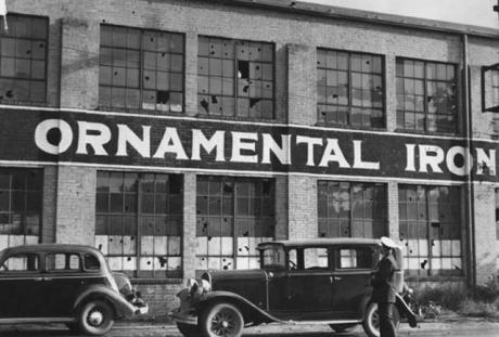The Flour City Ornamental Iron Company building, with broken windows after a clash between union organizers and police escalated into a gun battle on September 11th, 1935. From the Minnesota Historical Society.