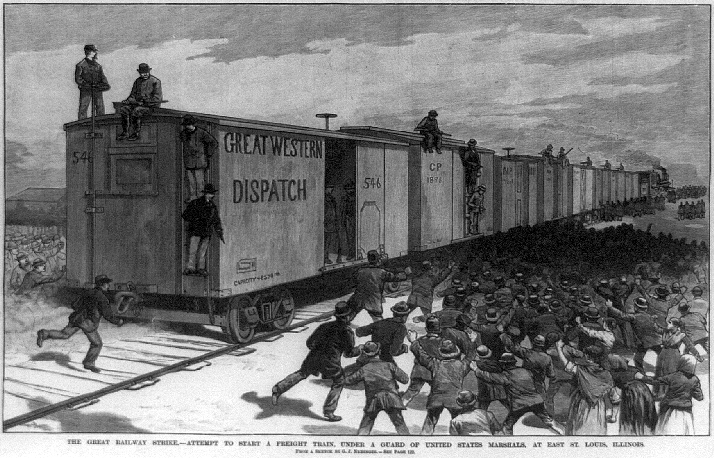 An illustration from Frank Leslie's Illustrated Newspaper. The caption reads "The great railway strike--attempt to start a freight train, under a guard of United States marshals, at East St. Louis, Illinois." [Wikipedia]