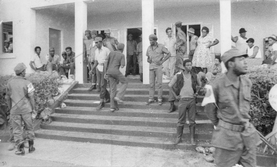 NJM supporters and NLA fighters gathered at Radio Free Grenada on the morning of March 13th, 1979. From the Grenada National Museum [nowgrenada.com]