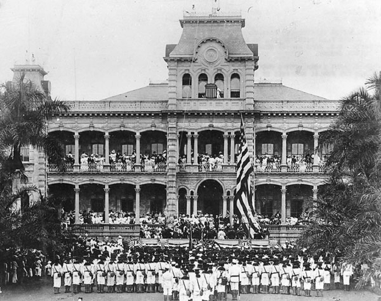 In August 1898, the Hawaiian flag was lowered from Iolani Palace and replaced by the flag of the United States of America. [nea.org]