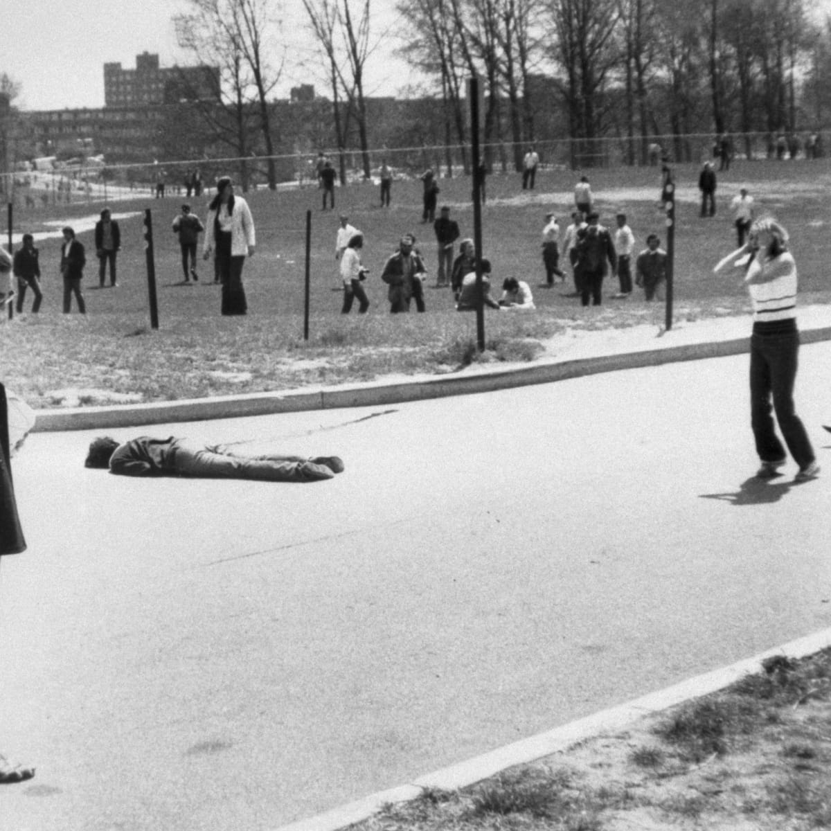 A Kent State University student reacts to the death of a protester killed by national guardsmen during the anti-war protest. Photograph: Bettmann/Bettmann Archive