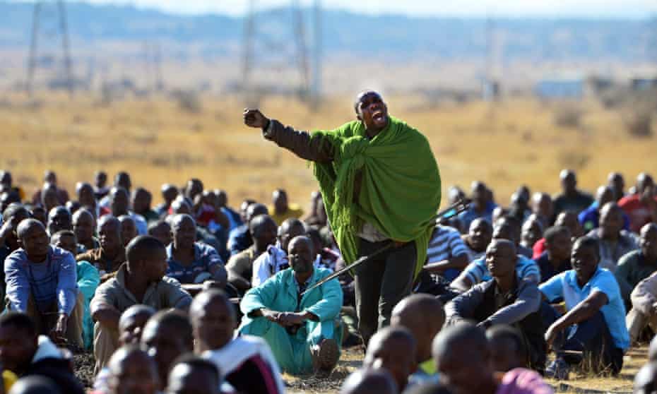 Mgcineni Noki with striking platinum miners on August 16th, 2012. Photo credit: Leon Sadiki [theguardian.com]