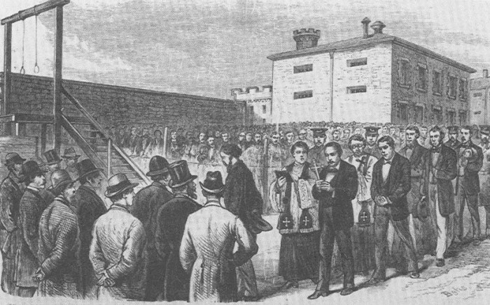 A sketch depicting the public execution of the Molly Maguires, unknown author.