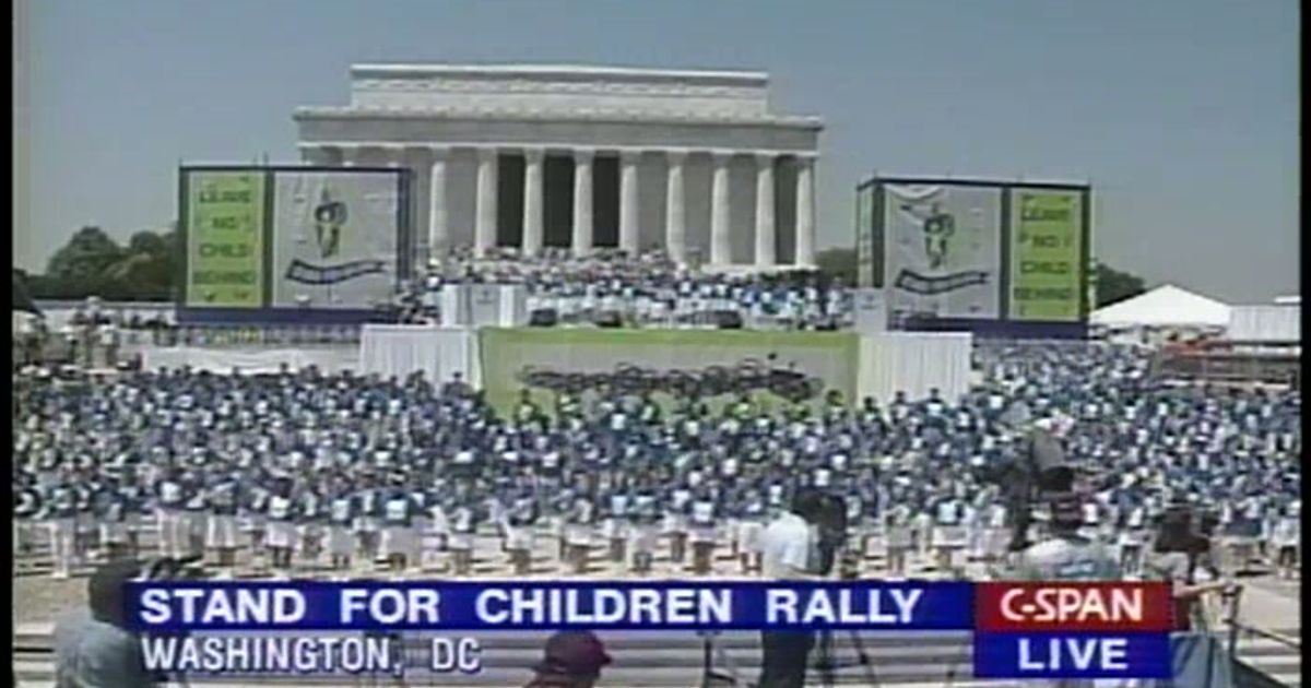 A still from C-Span footage of the 1996 Stand for Children rally