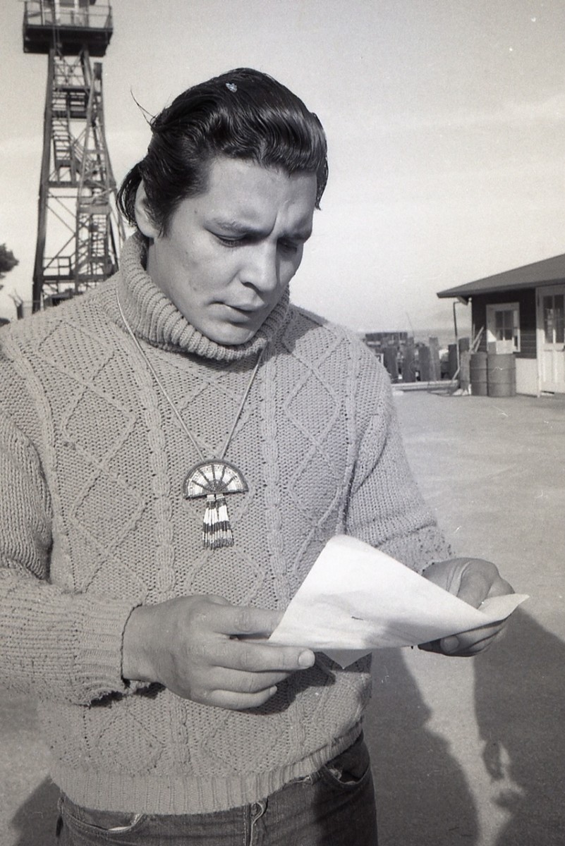 Richard Oakes reading the "Indians of All Tribes" proclamation on Alcatraz Island, November 25th, 1969. Photographer Paul Glines [indiancountrytoday.com]