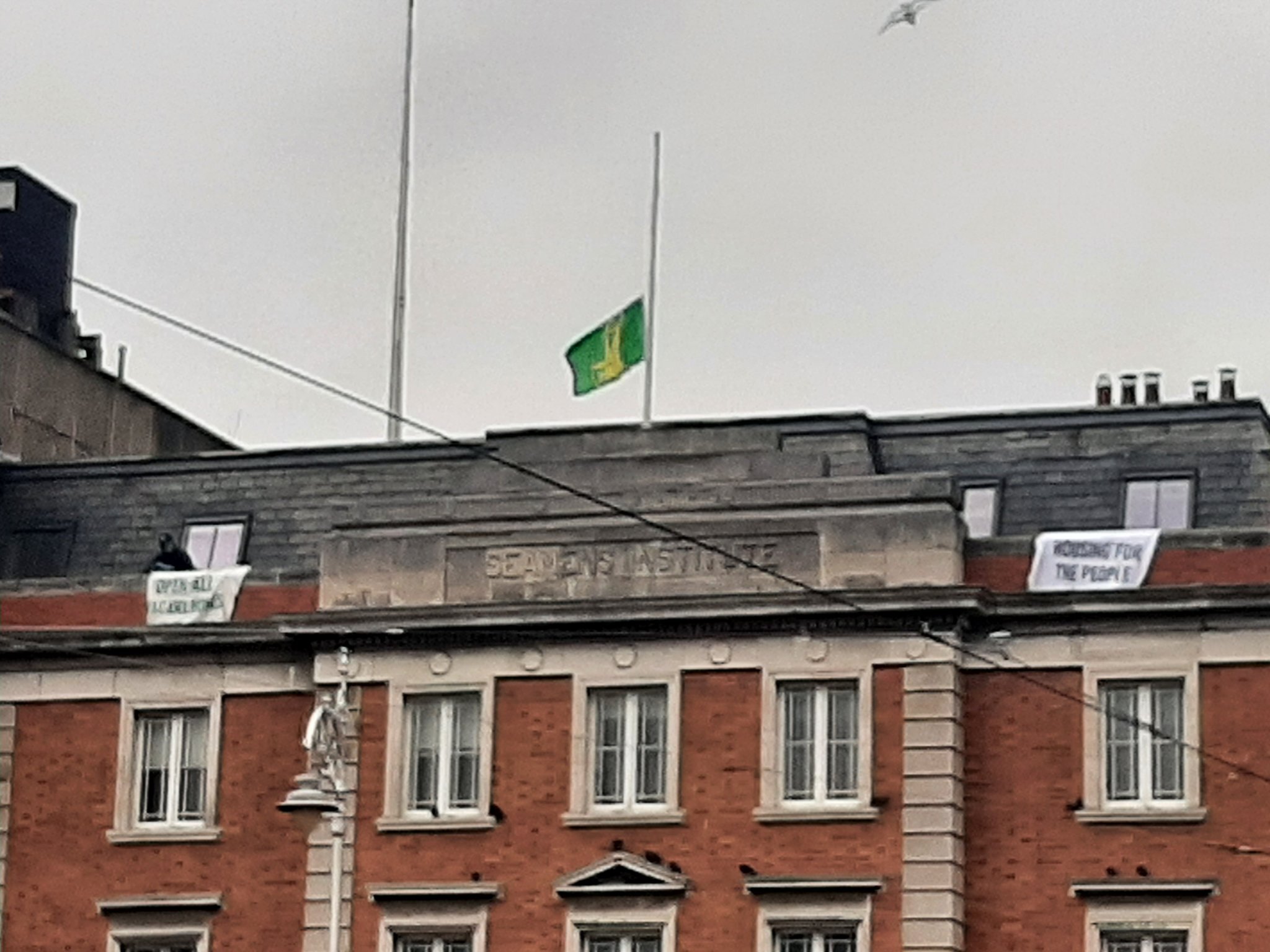 Connolly House, during an occupation by housing activists in 2022 [via @StreetlinkBAC on Twitter]
